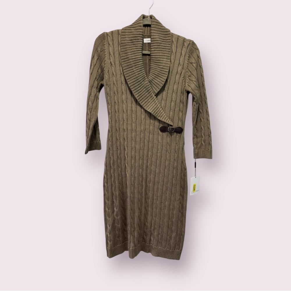 NWT Calvin Klein‎ Women's Taupe Knit Stretchy Dress with Side Buckle Size Medium